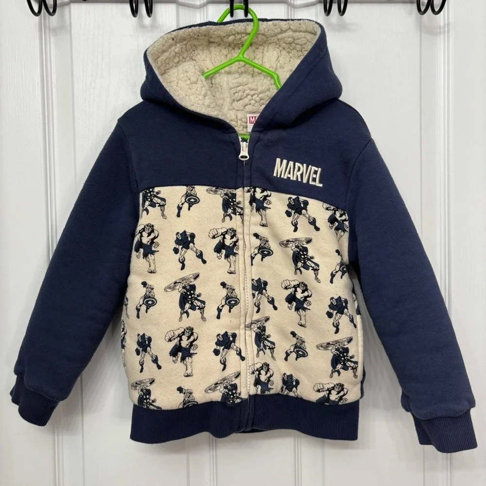 Navy & Cream Marvel Sherpa-Lined Zip Hoodie | Kids 4T